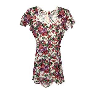 Vintage D.B.Y. Floral Romper Cottage Core Short Sleeve Crochet Detail Size 3